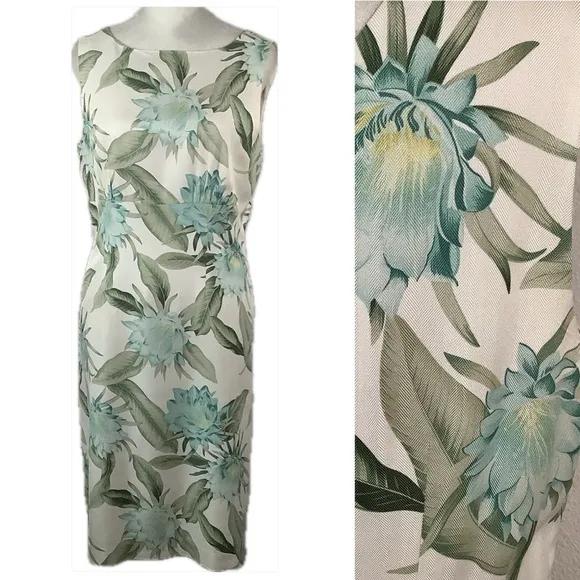 TOMMY BAHAMA 100% Silk Hawaiian Floral Dress Midi Sheath Tiki Party Luau Size 6