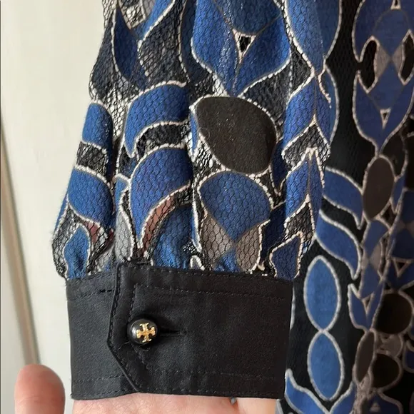 Tory Burch Elegant Blue and Black Geometric Sheath Midi Dress - Size Large