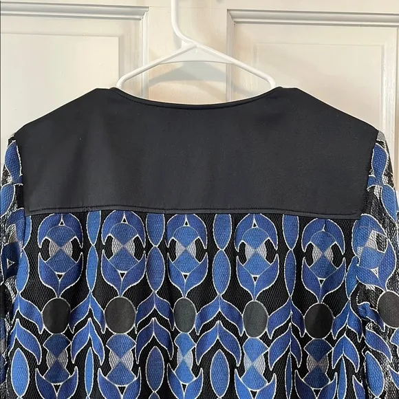 Tory Burch Elegant Blue and Black Geometric Sheath Midi Dress - Size Large