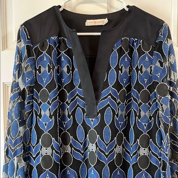 Tory Burch Elegant Blue and Black Geometric Sheath Midi Dress - Size Large