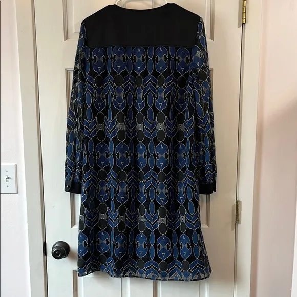Tory Burch Elegant Blue and Black Geometric Sheath Midi Dress - Size Large