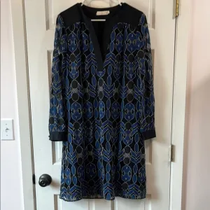 Tory Burch Elegant Blue and Black Geometric Sheath Midi Dress - Size Large
