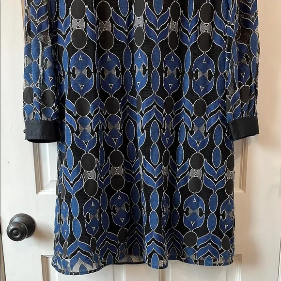 Tory Burch Elegant Blue and Black Geometric Sheath Midi Dress - Size Large