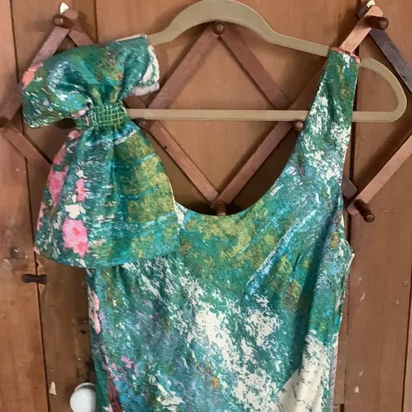 Tracy Reece pink green floral print shoulder bow silk/rayon sheath dress NWT