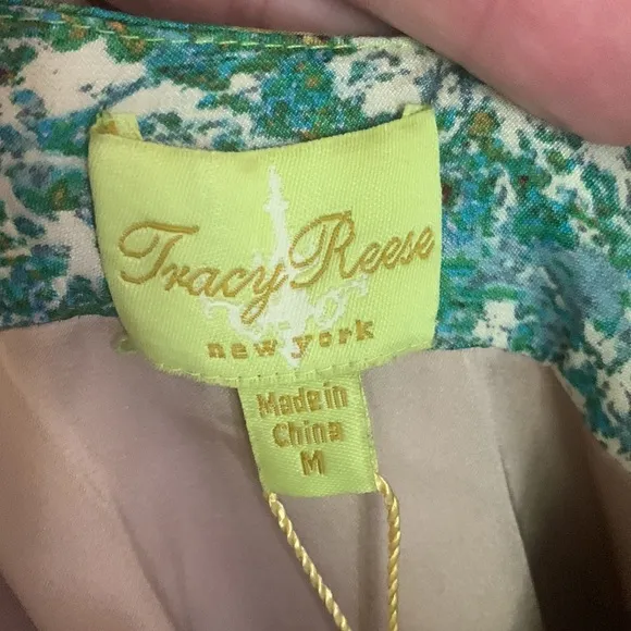 Tracy Reece pink green floral print shoulder bow silk/rayon sheath dress NWT
