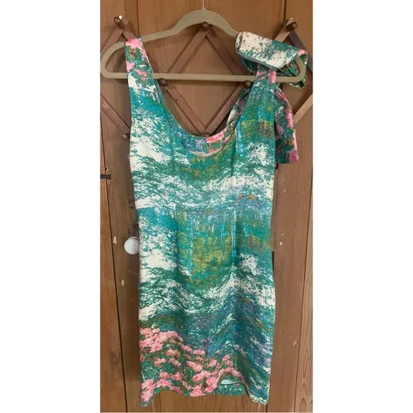 Tracy Reece pink green floral print shoulder bow silk/rayon sheath dress NWT
