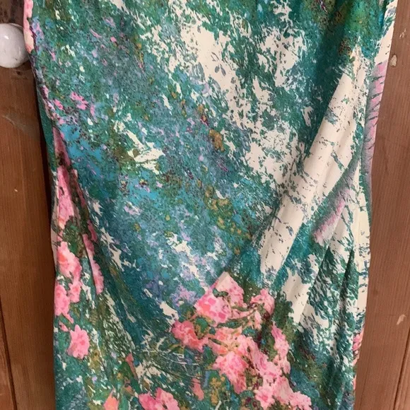 Tracy Reece pink green floral print shoulder bow silk/rayon sheath dress NWT