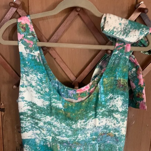 Tracy Reece pink green floral print shoulder bow silk/rayon sheath dress NWT
