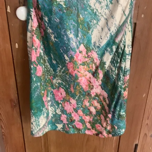 Tracy Reece pink green floral print shoulder bow silk/rayon sheath dress NWT