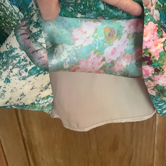 Tracy Reece pink green floral print shoulder bow silk/rayon sheath dress NWT