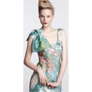 Tracy Reece pink green floral print shoulder bow silk/rayon sheath dress NWT