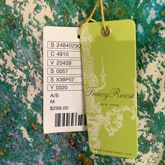 Tracy Reece pink green floral print shoulder bow silk/rayon sheath dress NWT