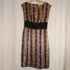 Trina Turk Silk Gold Geometric Print Sleeveless Sheath Dress Size 6