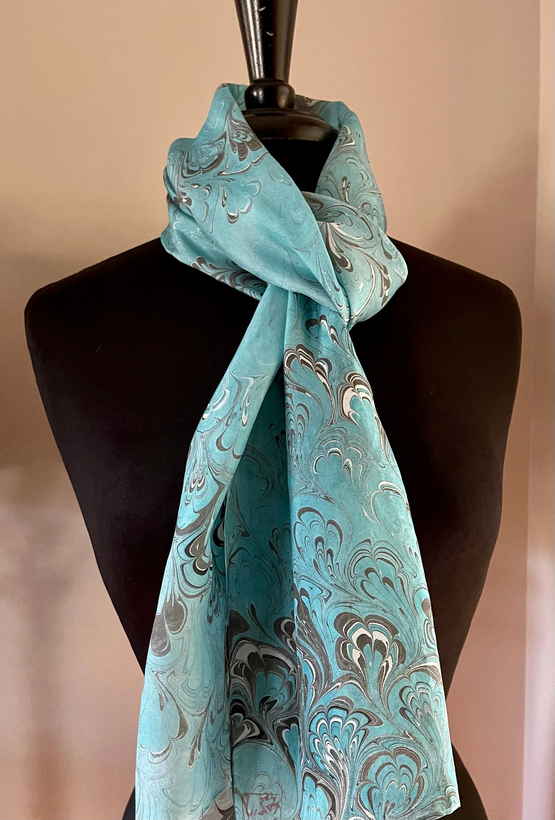 Turquoise gray Bouquet Patterned Habotai Silk
