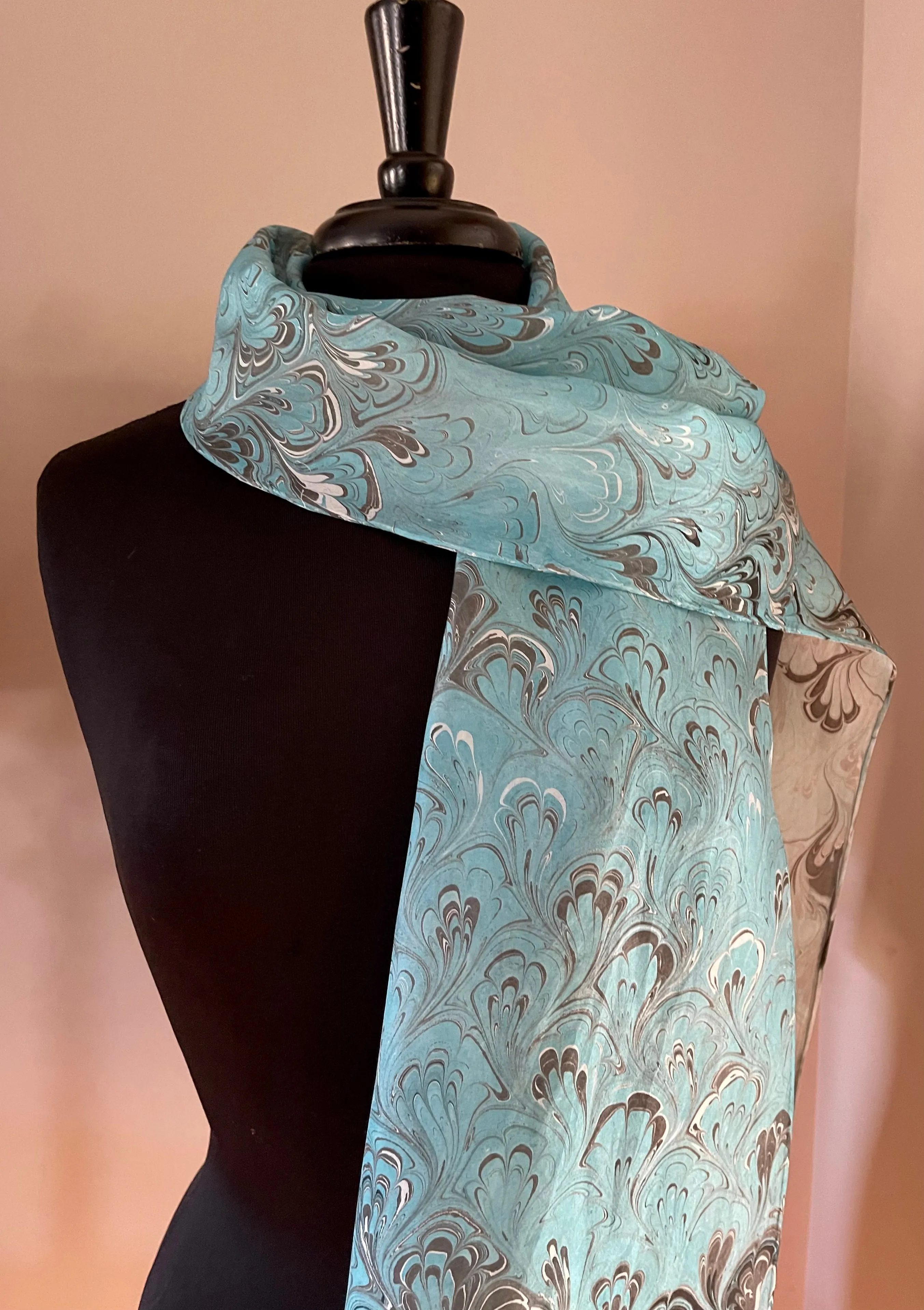 Turquoise gray Bouquet Patterned Habotai Silk