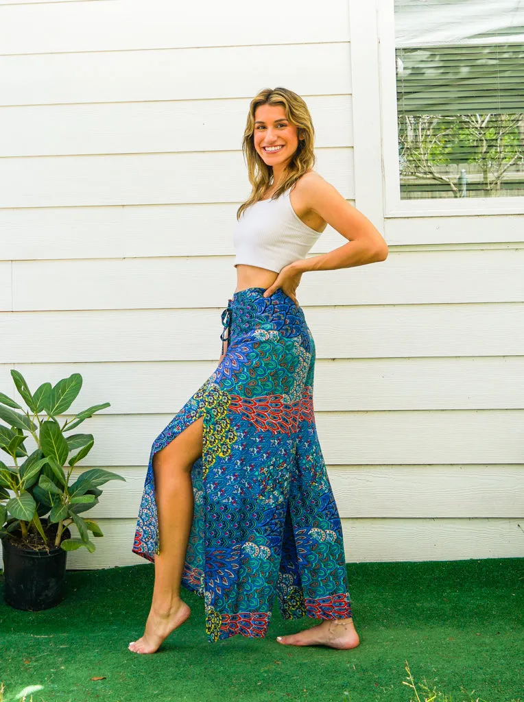 Turquoise Peacock Palazzo Wrap Pants