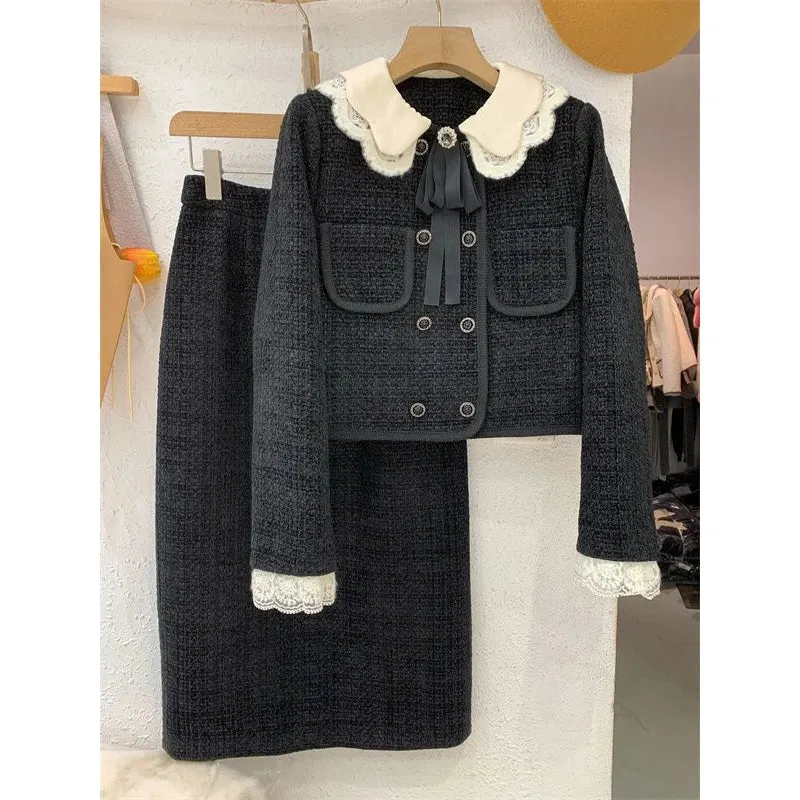 Tweed Double Breasted Short Jacket Coat & Sheath Skirt Dress
