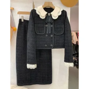 Tweed Double Breasted Short Jacket Coat & Sheath Skirt Dress