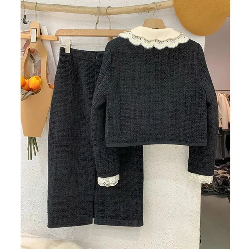 Tweed Double Breasted Short Jacket Coat & Sheath Skirt Dress