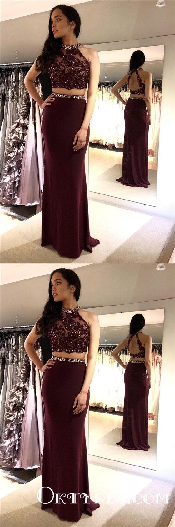 Two Piece Sheath Backless Burgundy Long Cheap Prom Dresses With Beaded, TYP1893