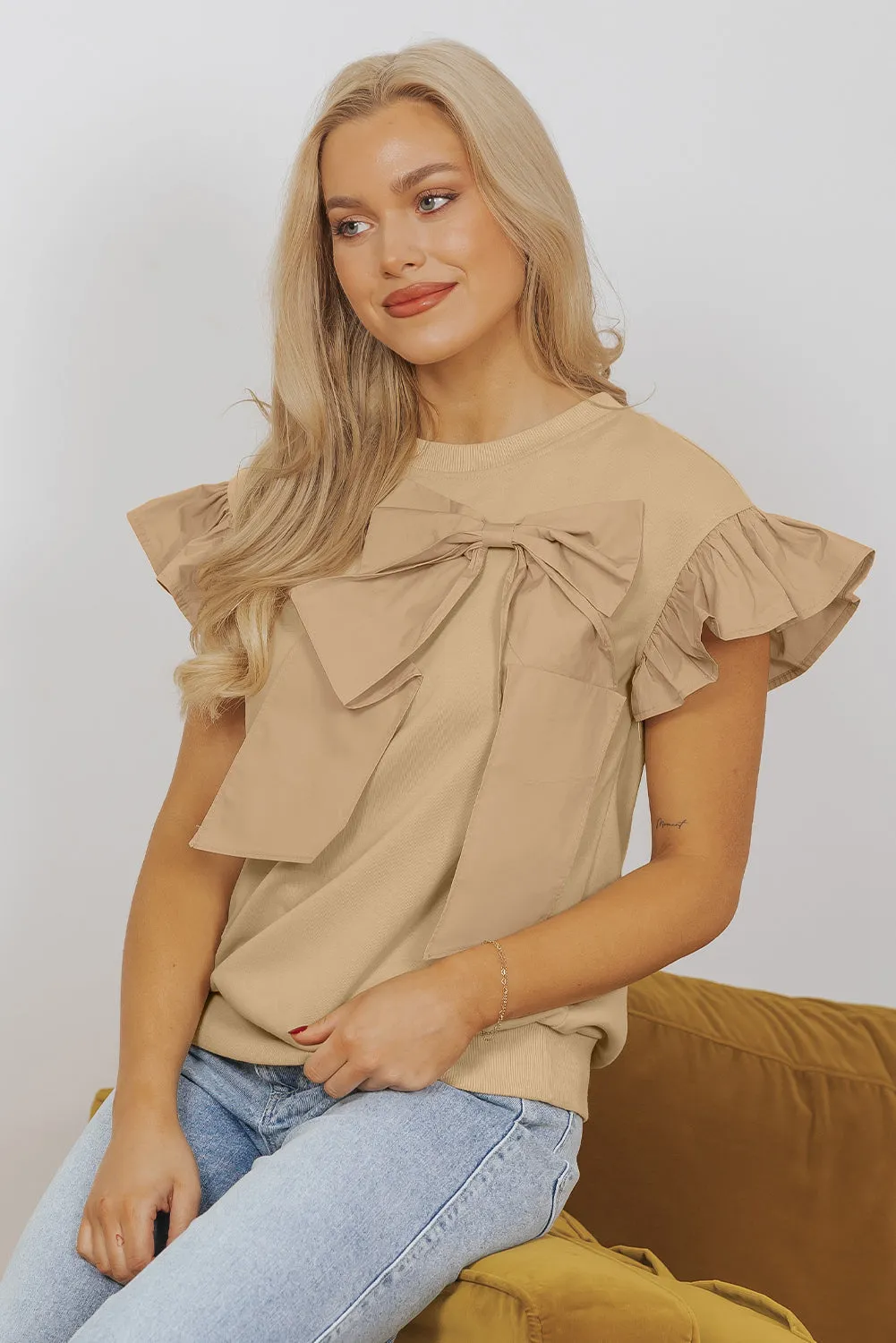 Two Tones Ribbon Bow Ruffle Sleeve Top