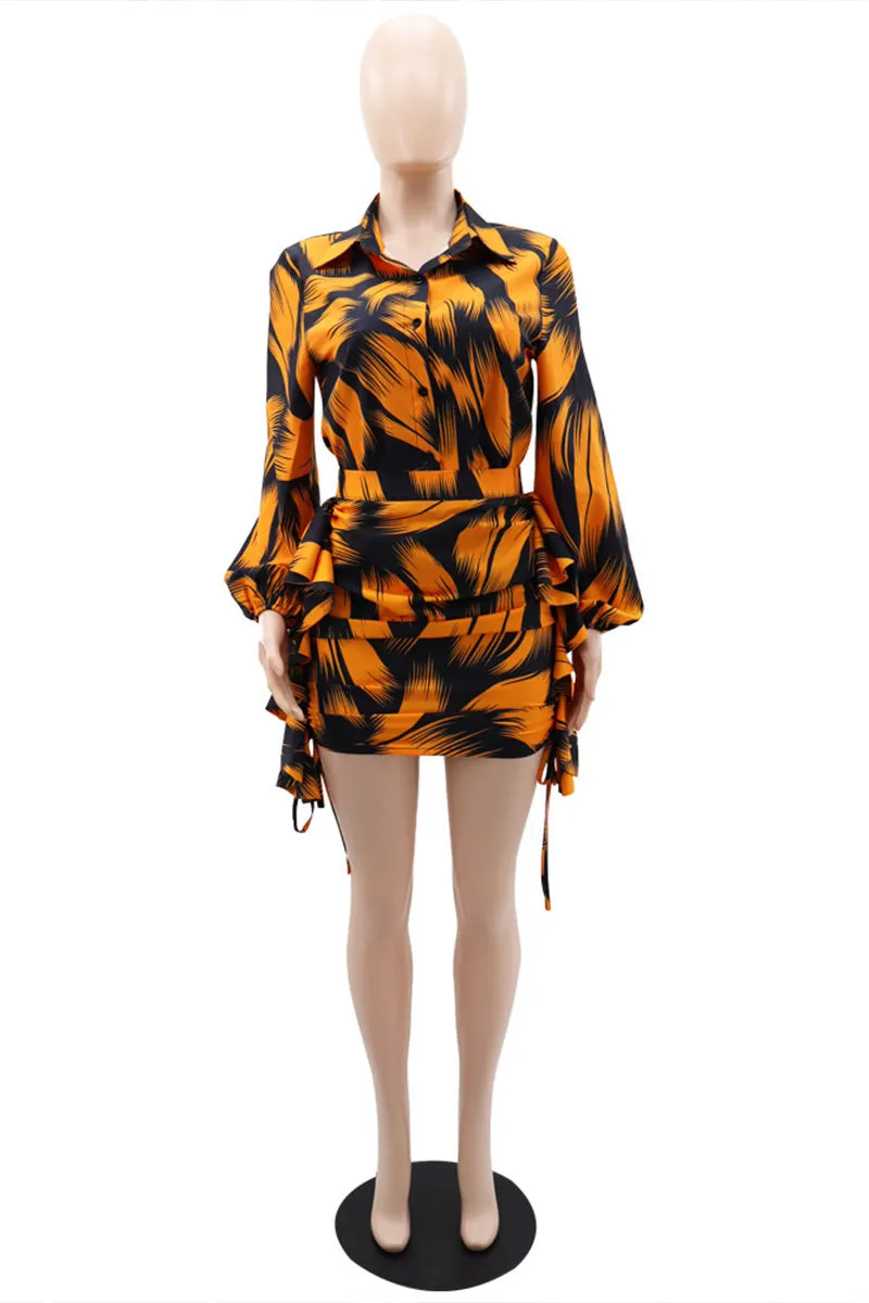 UG605 Graphic Distressed Ruffled Top and Skirt Set