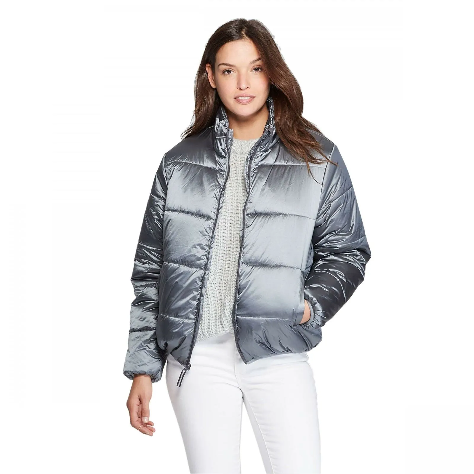 Universal Thread Women's Plus Size Water Resistant Puffer Coat Silver 3X