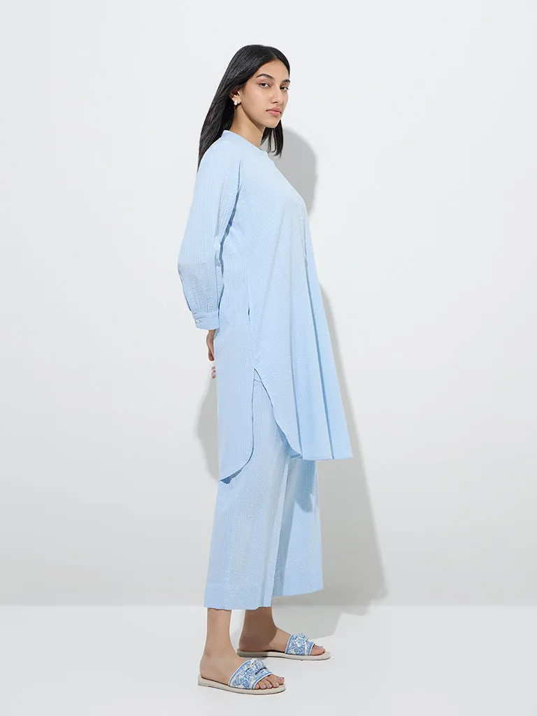 Utsa Light Blue Seersucker Striped Cotton Ethnic Pants