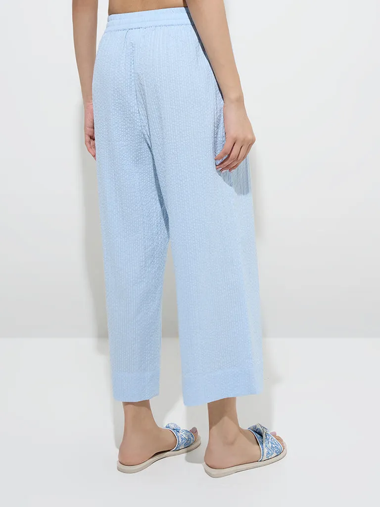 Utsa Light Blue Seersucker Striped Cotton Ethnic Pants