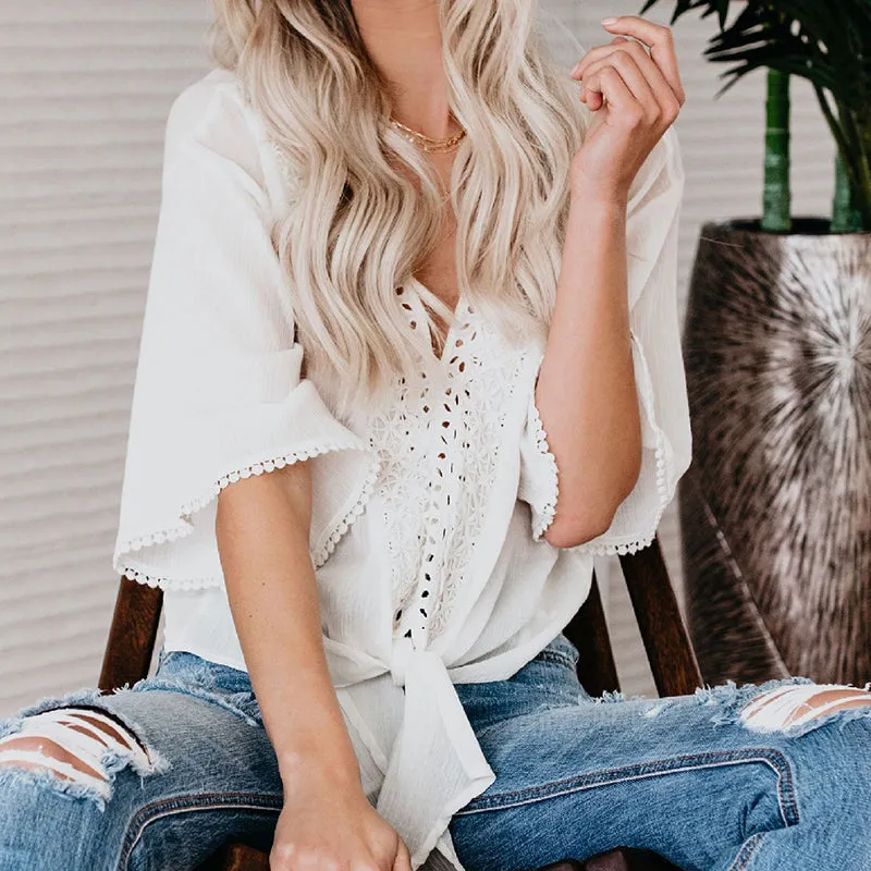 V-neck Flared Cotton-trimmed Blouse