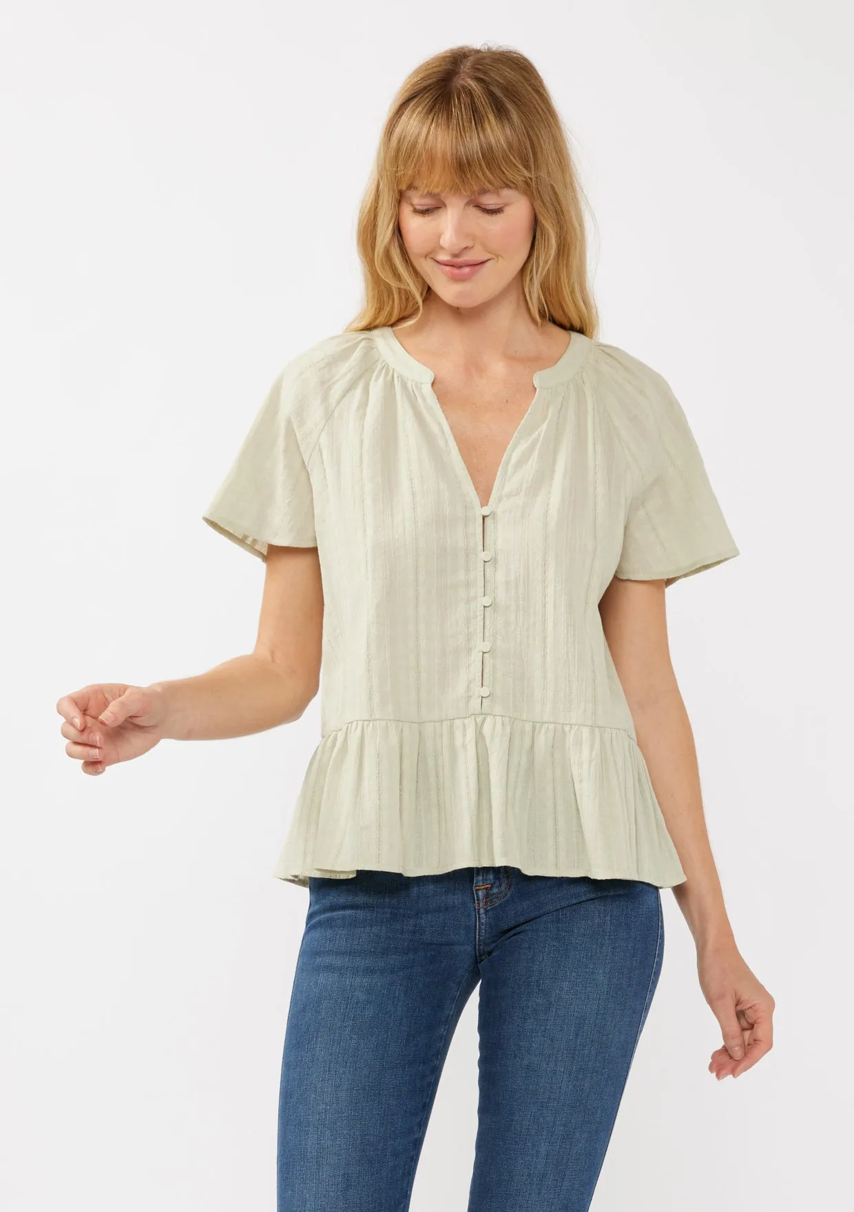 V-Neck Flutter Button Front Top