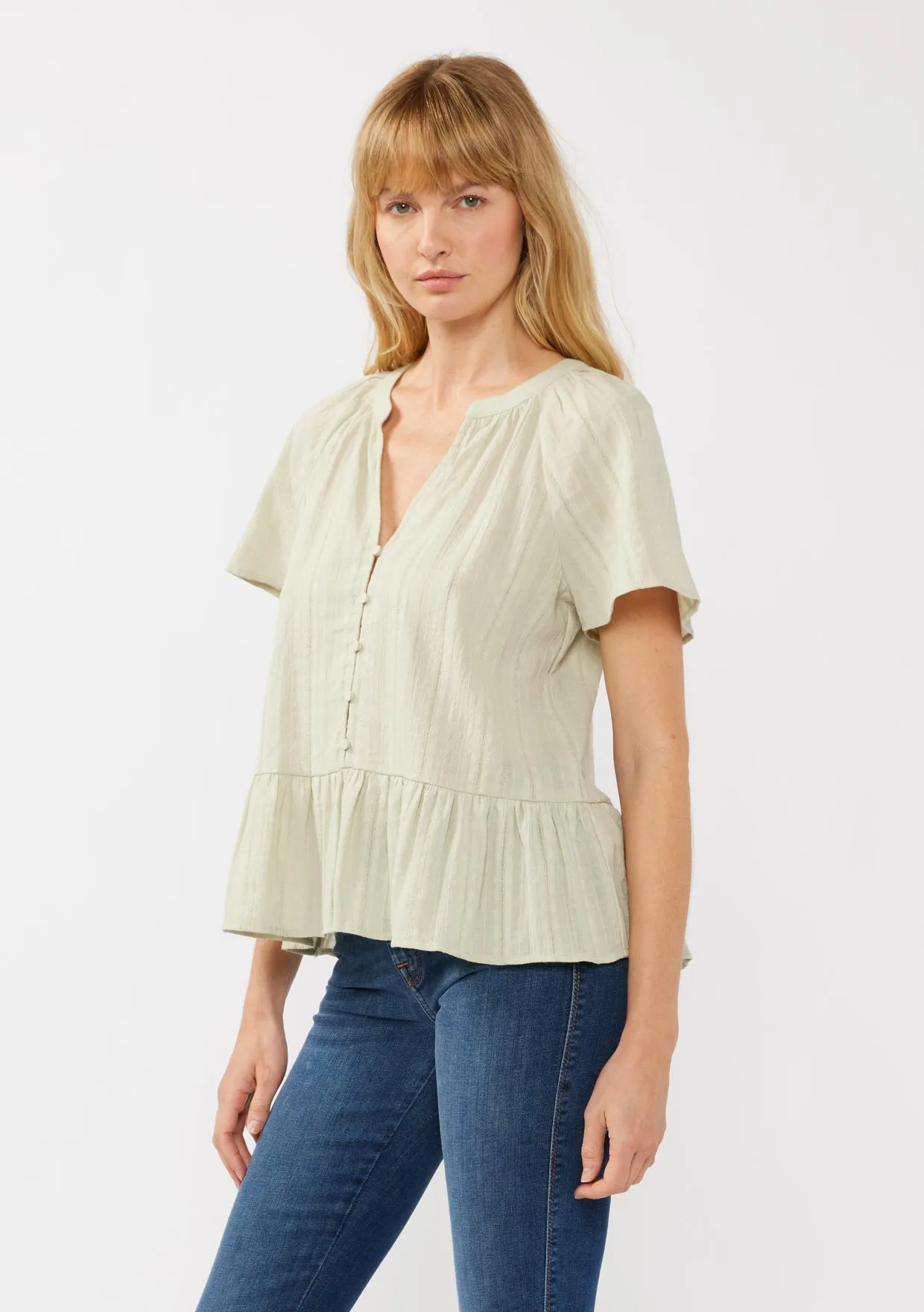 V-Neck Flutter Button Front Top