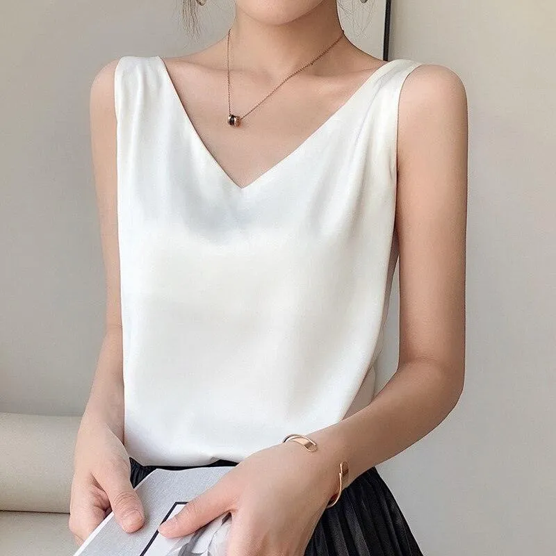 V-Neck Silk Satin Camisole Top - Ice Silk Material