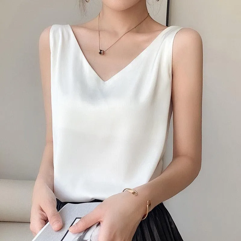 V-Neck Silk Satin Camisole Top - Ice Silk Material