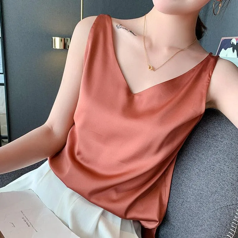 V-Neck Silk Satin Camisole Top - Ice Silk Material