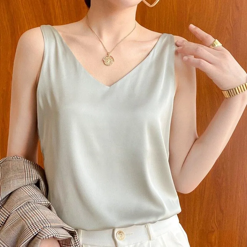 V-Neck Silk Satin Camisole Top - Ice Silk Material