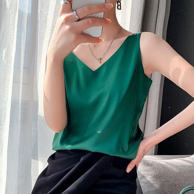 V-Neck Silk Satin Camisole Top - Ice Silk Material