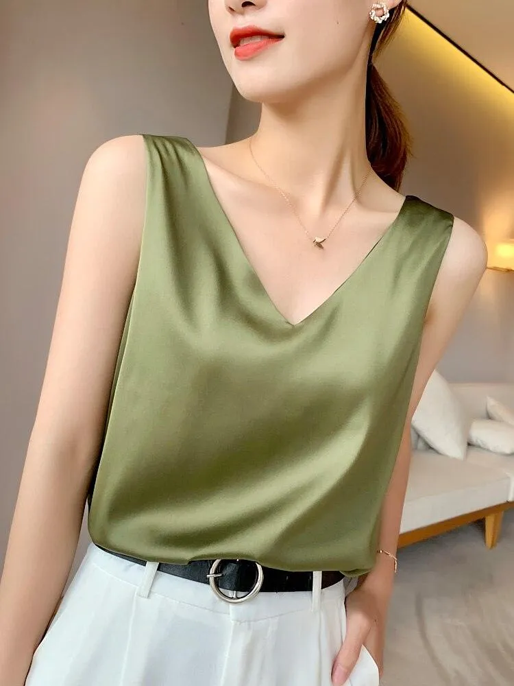 V-Neck Silk Satin Camisole Top - Ice Silk Material