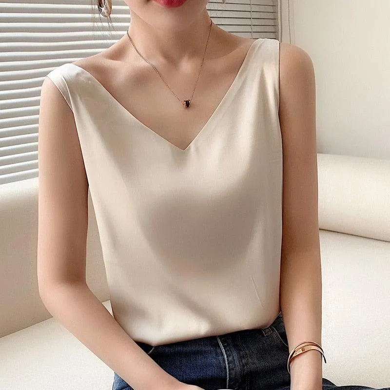 V-Neck Silk Satin Camisole Top - Ice Silk Material