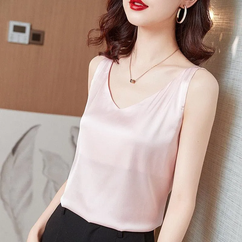 V-Neck Silk Satin Camisole Top - Ice Silk Material
