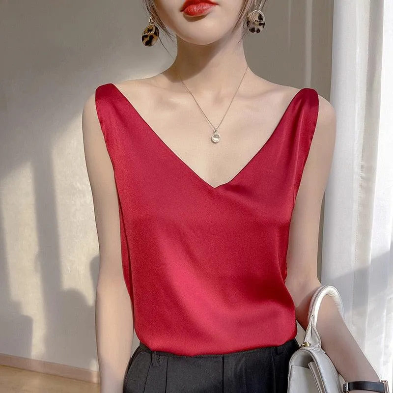 V-Neck Silk Satin Camisole Top - Ice Silk Material