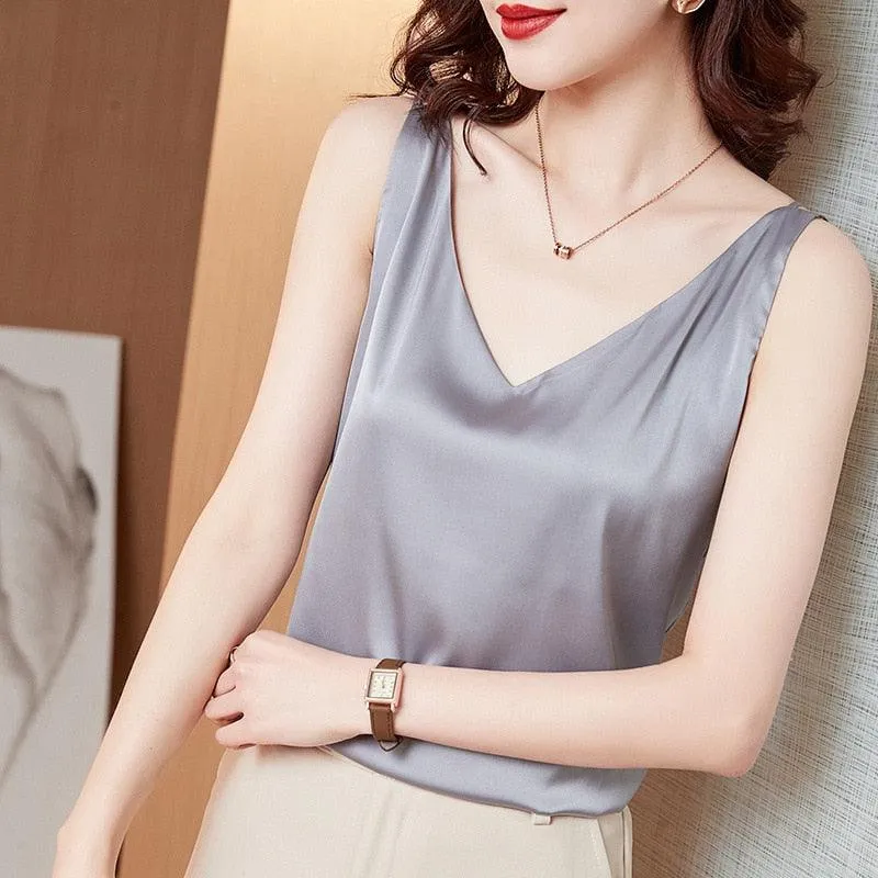 V-Neck Silk Satin Camisole Top - Ice Silk Material