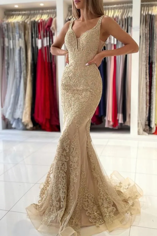 V-Neck Sleeveless Mermaid Evening Dress With Gold Appliques