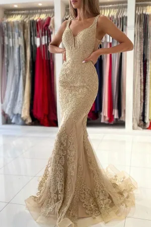 V-Neck Sleeveless Mermaid Evening Dress With Gold Appliques