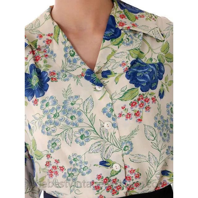 Vintage 1940s Rayon Blouse Printed Blue Roses M-L