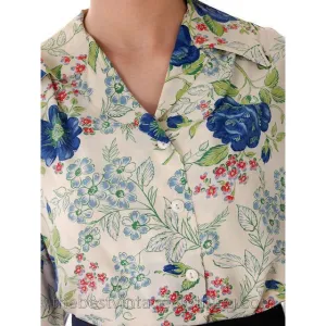 Vintage 1940s Rayon Blouse Printed Blue Roses M-L