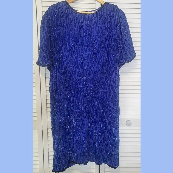 Vintage Amor 100% Silk Cobalt Sequins Short Sleeve Midi Sheath Dress