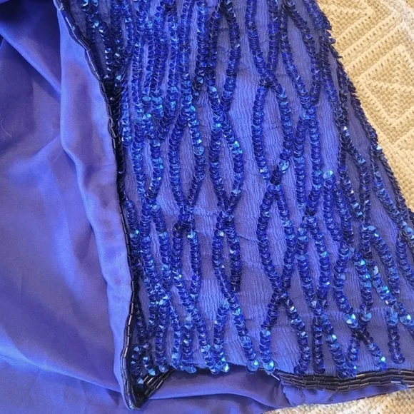 Vintage Amor 100% Silk Cobalt Sequins Short Sleeve Midi Sheath Dress