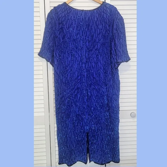 Vintage Amor 100% Silk Cobalt Sequins Short Sleeve Midi Sheath Dress