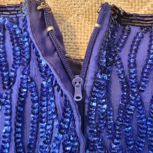 Vintage Amor 100% Silk Cobalt Sequins Short Sleeve Midi Sheath Dress